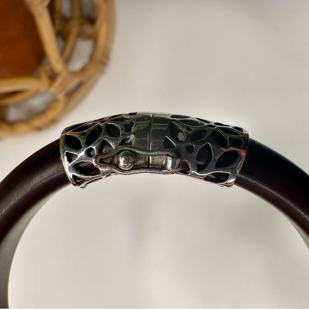 Vintage Sterling Silver & Wood Bangle Bracelet Artisan 925 Hinged Floral Clasp - Picture 9 of 12